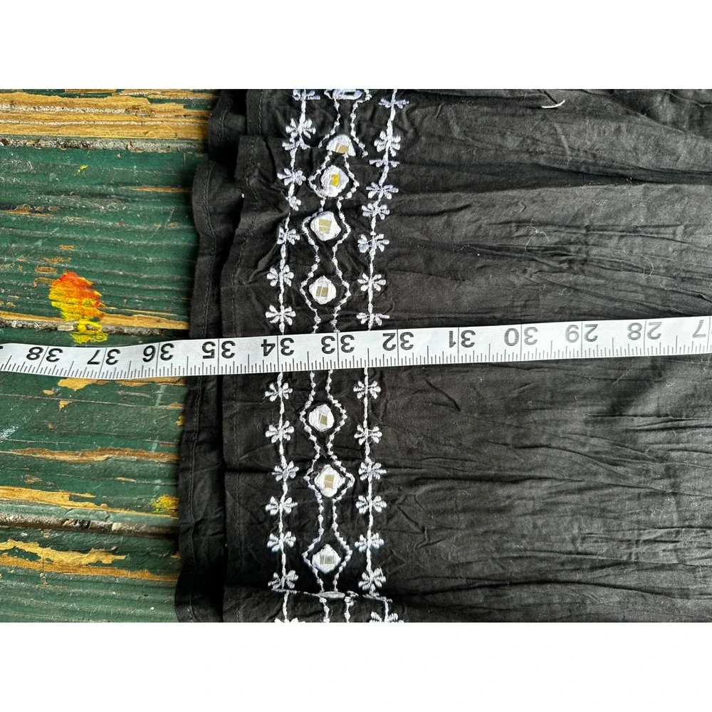 Y2K West End Womens Black Cotton Tiered Maxi Skirt Embroidered Mirror Boho Large